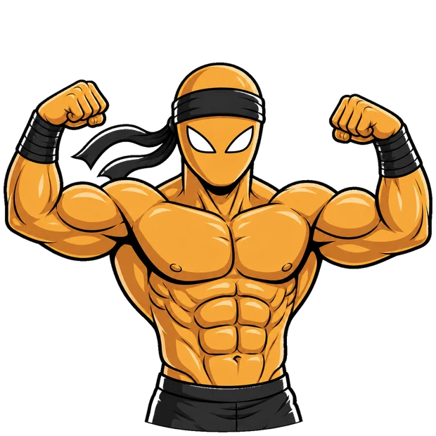 Kenzo, la mascota ninja dorada de la app, flexionando los bíceps